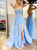 A-Line Blue Tulle Appliques Spagehtti Straps Prom Dress