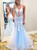 Light Blue V-neck Mermaid Appliques Backless Prom Dress 2020
