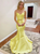 Yellow Mermaid Satin Spaghetti Straps Two Piece Beading Prom Dress 2020