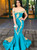 Blue Mermaid Satin Off the Shoulder Gold Appliques Prom Dress 2020