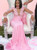 Pink Mermaid Satin Long Sleeve Appliques Beading Prom Dress