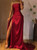 Sexy Burgundy Satin One Shoulder Long Prom Dress With Side Split