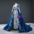 Blue Tulle Sequins Long Sleeve Rose Flower Prom Dress