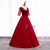 A-Line Burgundy Satin V-neck Short Sleeve Sequins Prom Dress 2020