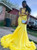 Yellow Mermaid Satin Long Sleeve Backless Appliques Feahter Prom Dress 2020