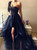 A-Line Black Tulle Sequins One Shoulder Long Sleeve Prom Dresses With Detachable Train 2020