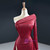 Will Be Available For Purchase Burgundy Mermaid Satin One Shoulder Long Sleeve Pleats Prom Dress