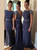 Dark Blue Bridesmaid Dress with Cap Sleeves  Beaded Bateau Bridesmaid Dresses