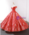 Off-the-shoulder corset bodice with deep V-neck on red sequin prom dress