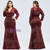 Available In Sizes 0-24 Burgundy Tulle Sequins Mermaid Long Sleeve V-nec Plus Size Prom Dress
