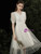 100% Custom Made A-Line White V-neck Short Sleeve V-neck Pearls Wedding Dress