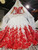 White Ball Gown Tulle Red 3D Appliques Cap Sleeve Wedding Dress With Train