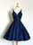 Navy Blue V neck Backless Homecoming Dresses