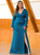 Affordable Blue Mermaid Satin V-neck Long Sleeve Plus Size Prom Dress