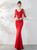 In Stock:Ship in 48 Hours Red Mermaid Spandex Half Sleeve Prom Dress