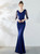 In Stock:Ship in 48 Hours Navy Blue Mermaid Spandex Half Sleeve Prom Dress