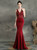 In Stock:Ship in 48 Hours Burgundy Mermaid Satin V-neck Appliques Beading Prom Dress