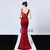 In Stock:Ship in 48 Hours Burgundy V-neck Mermaid Satin Appliques Beading Prom Dress