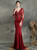 In Stock:Ship in 48 Hours Burgundy Mermaid Satin Long Sleeve Appliques Beading Prom Dress