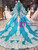 Blue Tulle Satin Long Sleeve High Neck Appliques Beading Crystal Prom Dress