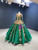 Green Ball Gown Tulle Gold Sequins Appliques V-neck Prom Dress