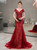 Burgundy Mermaid Tulle V-neck Cap Sleeve Beading Prom Dress