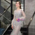 Silver Gray Mermaid Tulle Feather Long Sleeve Beading Prom Dress