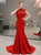 Red Mermaid Satin High Neck Cap Sleeve Beading Crystal Prom Dress