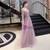 A-Line Pink Tulle Long Sleeve Feather Beading Prom Dress