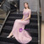 Pink Mermaid Tulle V-neck Cap Sleeve Handwork Prom Dress