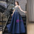 Navy Blue Satin V-neck Beading Sequins Prom Dress With Pocket