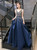 Navy Blue Satin V-neck Beading Sequins Prom Dress With Pocket