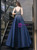 Navy Blue Satin V-neck Beading Sequins Prom Dress With Pocket