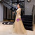 Fashion Gold Tulle Long Sleeve Beading Feather Prom Dress