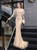 Gold Mermaid Tulle V-neck Bat Sleeve Beading Sequins Prom Dress