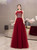 A-Line Burgundy Tulle Beading Feather Long Prom Dress