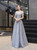 A-Line Gray Short Sleeve Scoop Tulle Beading Prom Dress