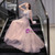 Dark Pink Tulle V-neck Short Sleeve Handwork Beading Prom Dress