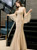 Gold Mermaid Tulle Horn Sleeve Sequins Beading Prom Dress