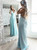Light Blue V Neck Backless Prom Dress Satin Spaghetti Staps Prom Dresses