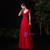 Simple Red Satin V-neck Short Sleeve Prom Dress