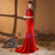 Red Mermaid Satin Short Sleeve Beading Crystal Prom Dress