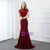 Burgundy Mermaid Lockhole Satin Cap Sleeve Beading Prom Dress