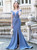 Sky Blue Mermaid Satin Off the Shoulder Pleats Prom Dress With Split