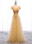 Popular Gold Tulle Cap Sleeve Scoop Beading Prom Dress