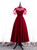 Burgundy Satin High Neck Short Sleeve Pleats Pearls Prom Dress