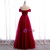 Burgundy Tulle Off the Shoulder Sequins Beading Prom Dress