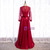 A-Line Burgundy Satin Long Sleeve V-neck Prom Dress