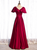 Burgundy Satin V-neck Short Sleeve Prom Dress