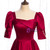 Burgundy Satin Square Short Sleeve Pearls Prom Dress